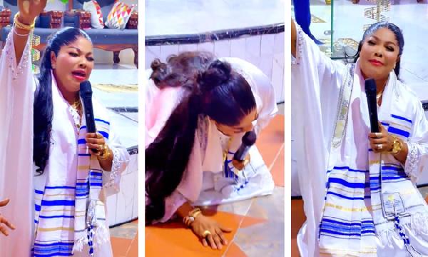 Agradaa kneels to beg Mahama for forgiveness at Opambour’s church
